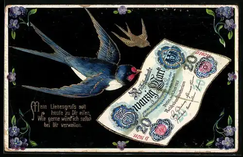 Präge-AK Schwalben mit einem Geldschein und Blumen
