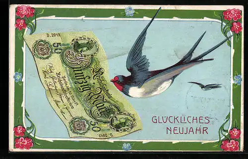 AK Schwalben mit einem Geldschein, Neujahrsgruss