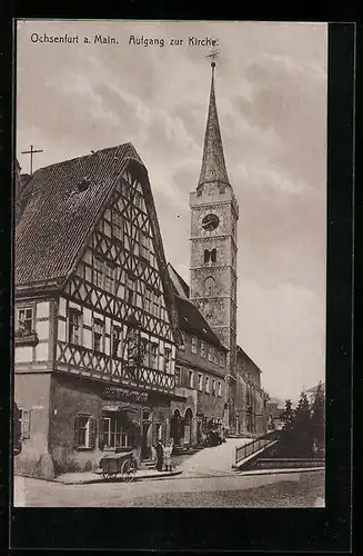 AK Ochsenfurt a. M., Ortspartie mit Bäckerei und Kirche