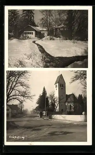 Foto-AK Gräfelfing, Strassenpartie mit Kirche, Ortspartie im Winter