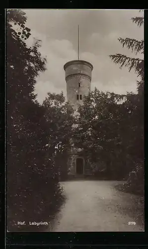 AK Hof i. B., Labyrinth, Turm und Parkweg