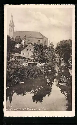 AK Hof i. B., Saale-Partie mit Michaeliskirche und Floss