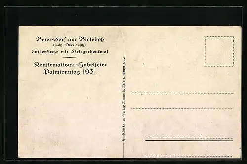 AK Beiersdorf am Bieleboh, Konfirmations-Jubelfeier, Lutherkirche mit Kriegerdenkmal
