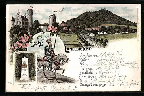 Lithographie Görlitz, Landeskrone, Körner-Denkmal, Ritter zu Pferde