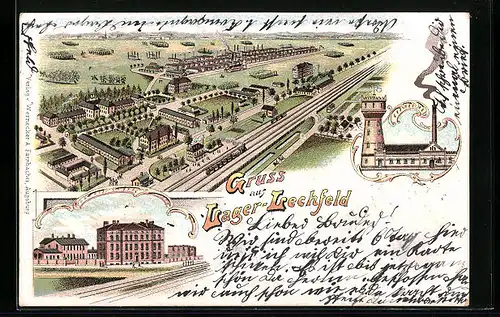 Lithographie Lager-Lechfeld, Teilansicht, Elektrizitäts- u. Wasserwerk, Kgl. Garnison-Lazarett