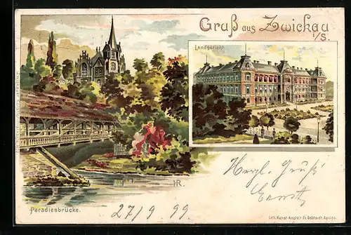 Lithographie Zwickau i. S., Landgericht, Paradiesbrücke