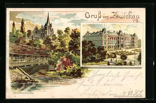 Lithographie Zwickau i. S., Landgericht, Paradiesbrücke