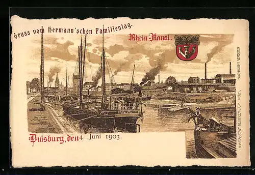 Lithographie Duisburg, Hermann`scher Familientag, Rhein-Kanal mit Booten