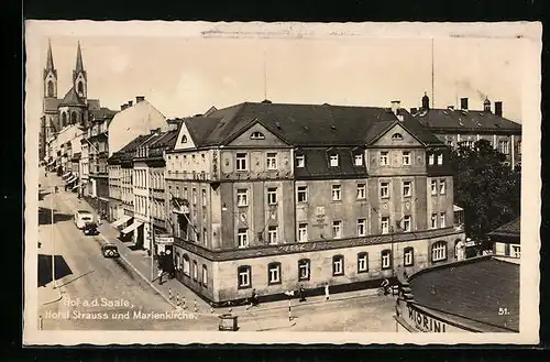 AK Hof /Saale, Hotel Strauss und Marienkirche aus der Vogelschau