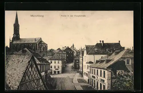 AK Münchberg, Partie in der Hauptstrasse mit Kirche