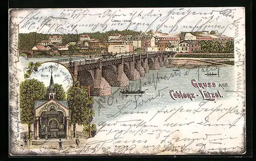 Lithographie Coblenz-Lützel, Panorama mit Brücke, Kirche Maria-Hilf