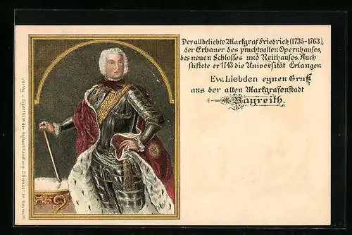 Lithographie Bayreuth, Portrait Markgraf Friedrich, Gemälde