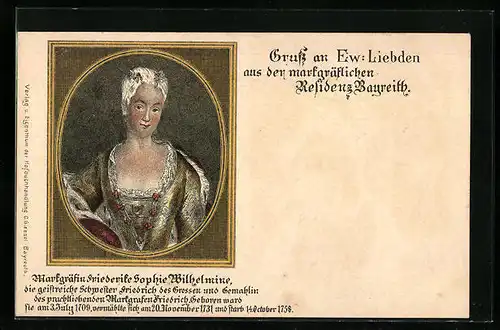 Lithographie Bayreuth, Portrait Markgräfin Friederike Sophie Wilhelmine, Gemälde