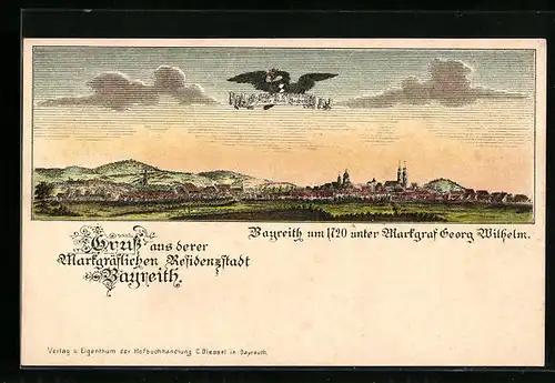 Lithographie Bayreuth, Stadtpanorama um 1720 mit Adler