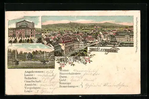 Lithographie Bayreuth, Ortsansicht aus der Vogelschau, Theater und Eremitage