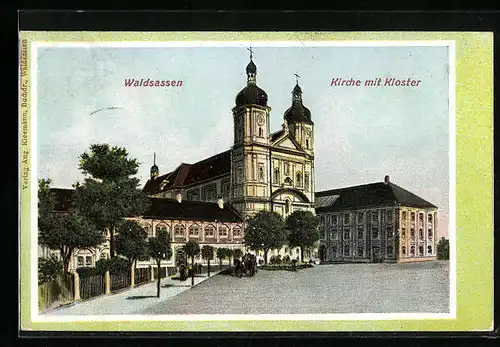 Relief-AK Waldsassen, Kirche mit Kloster und Promenade