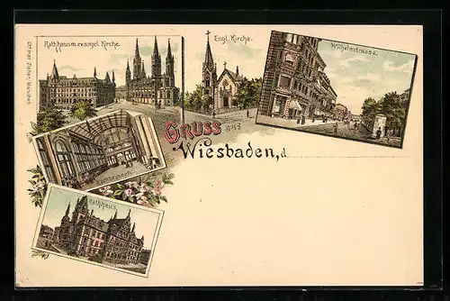 Lithographie Wiesbaden, Kirche und Wilhelmstrasse