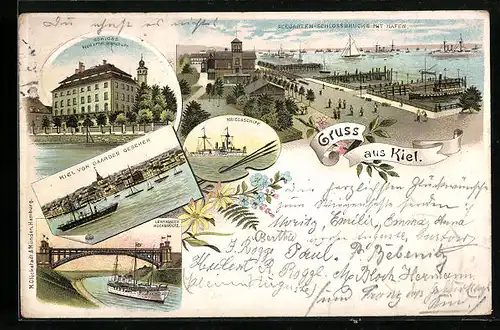 Lithographie Kiel, Schloss und Hafen