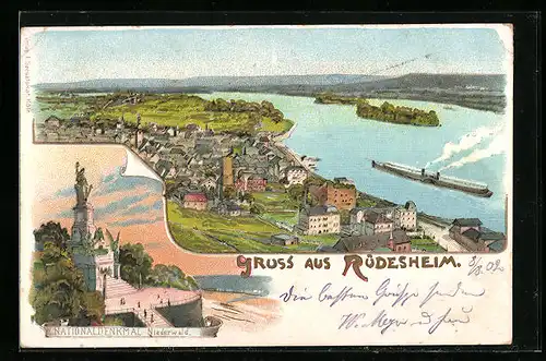 Lithographie Rüdesheim, Nationaldenkmal Niederwald