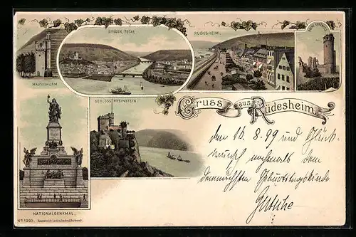 Lithographie Rüdesheim, Schloss Rheinstein, Mäusethurm, Nationaldenkmal
