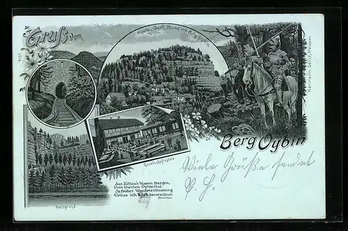 Mondschein-Lithographie Oybin, Kirche, Dorf, Ruine