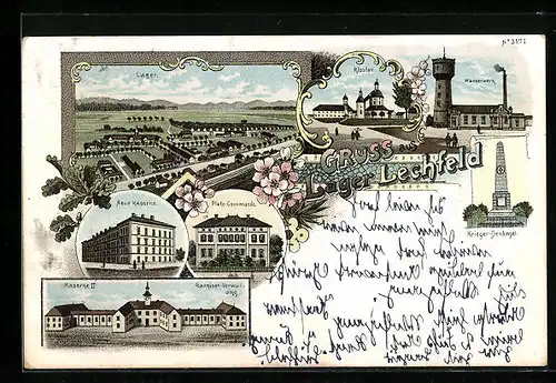 Lithographie Lager Lechfeld, Kloster, Neue Kaserne, Wasserwerk