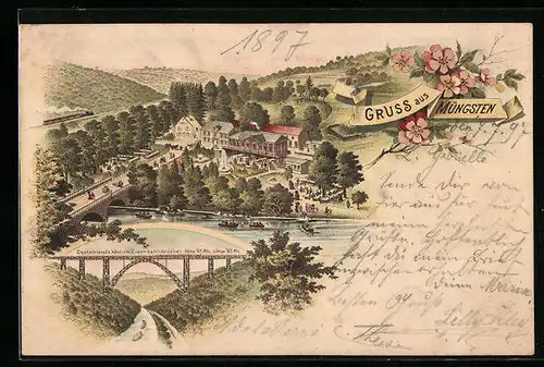 Lithographie Müngsten, Gesamtansicht mit Eisenbahnbrücke