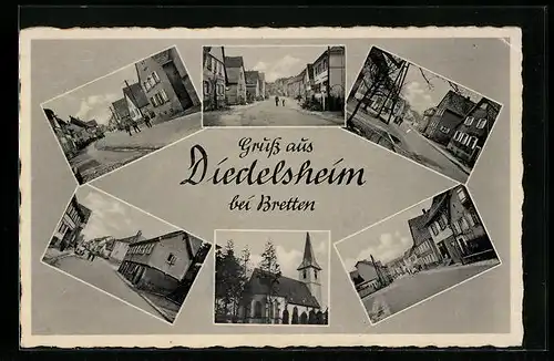 AK Diedelsheim b. Bretten, Kirche, Ortspartie, Kolonialwaren
