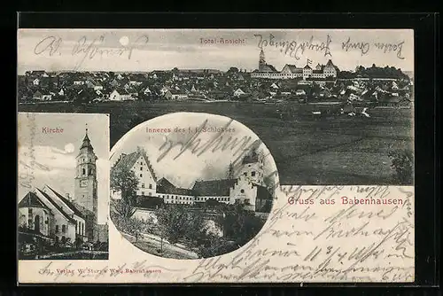Mondschein-AK Babenhausen, Panorama und Kirche
