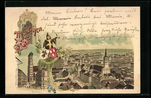 Lithographie München, Stadtansicht aus der Vogelschau, Domfreiheit