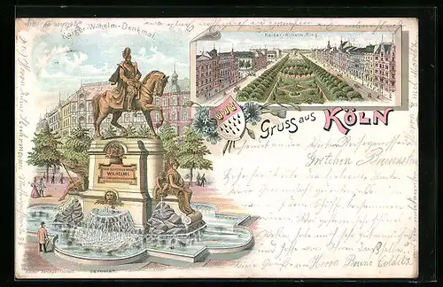 Lithographie Köln-Neustadt, Kaiser-Wilhelm-Ring, Kaiser-Wilhelm-Denkmal