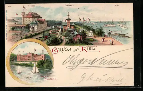 Lithographie Kiel, Schloss, Seegarten, Hafen