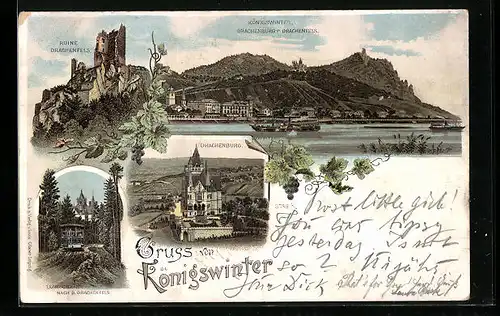 Lithographie Königswinter, Drachenburg, Drachenfels, Zahnradbahn