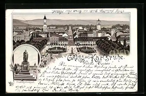 Lithographie Karlsruhe, Strassenpartie mit Friedrichsdenkmal