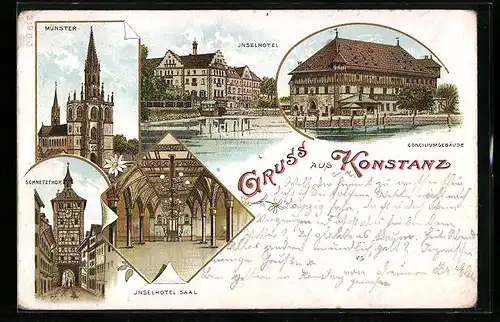 Lithographie Konstanz, Münster, Inselhotel, Schnetzthor