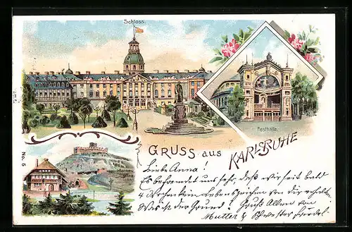 Lithographie Karlsruhe, Schloss und Festhalle