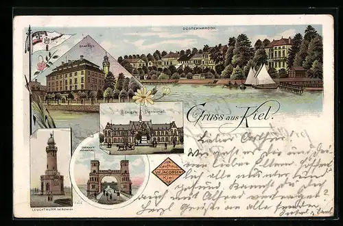 Lithographie Kiel, Düsternbrook, Schloss, Leuchthurm