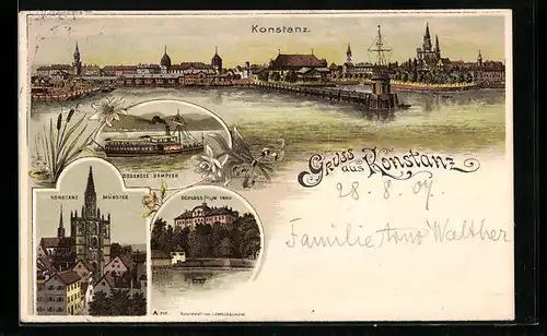 Lithographie Konstanz, Ortsansicht mit Bodensee-Dampfer
