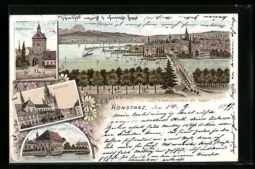 Lithographie Konstanz, Münster, Conzilgebäude, Bodensee