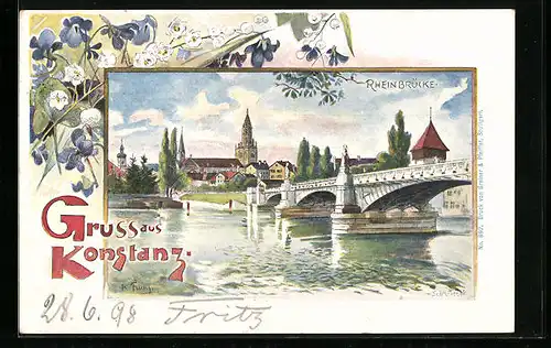 Lithographie Konstanz, Ortsansicht mit Rheinbrücke