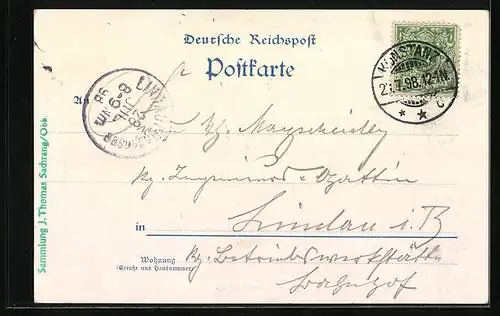 Lithographie Konstanz, Ortsansicht mit Rheinbrücke