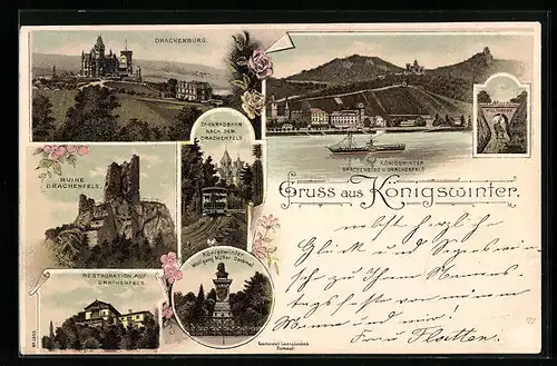 Lithographie Königswinter, Drachenburg, Ruine Drachenfels, Zahnradbahn