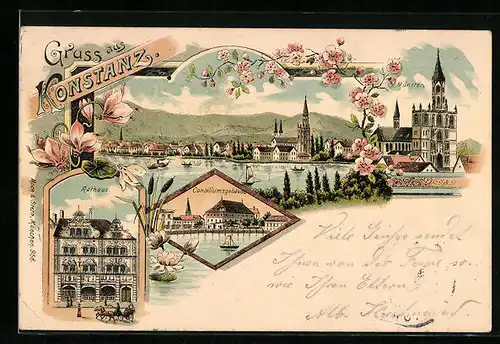 Lithographie Konstanz, Rathaus, Münster, Bodensee