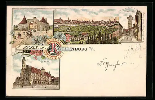 Lithographie Rothenburg o. T., Röderthor, Rathaus, Klingenthor