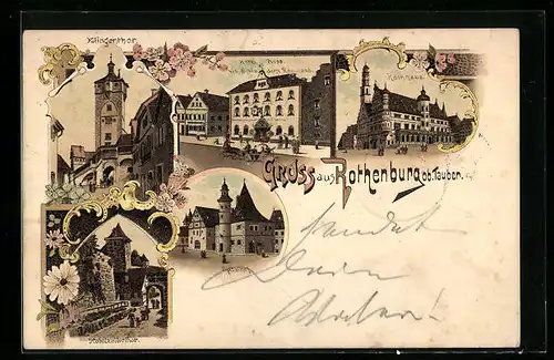 Lithographie Rothenburg o. T., Hotel Ploss, Rathaus, Spitalhof