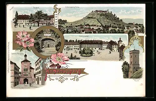 Lithographie Hohenasperg, Totalansicht, Festungshof, Burghof