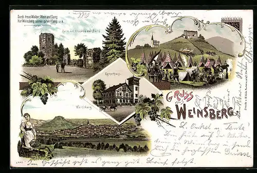 Lithographie Weinsberg, Panorama, Turm mit Eingang der Burg, Kernerhaus & Zeltlager
