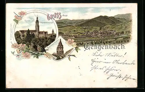 Lithographie Gengenbach, Kirche und Präparandenschule