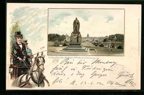 Passepartout-Lithographie Karlsruhe, Schloss mit Friedrichs-Denkmal