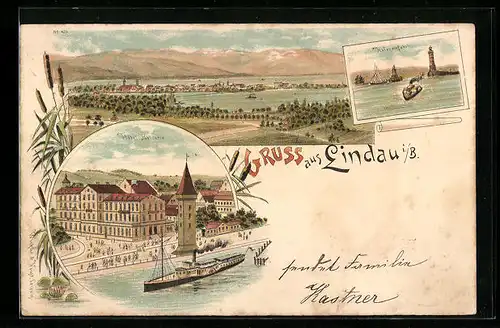 Lithographie Lindau i. B., Hotel Helvetia, Hafeneinfahrt und Blick auf den Bodensee
